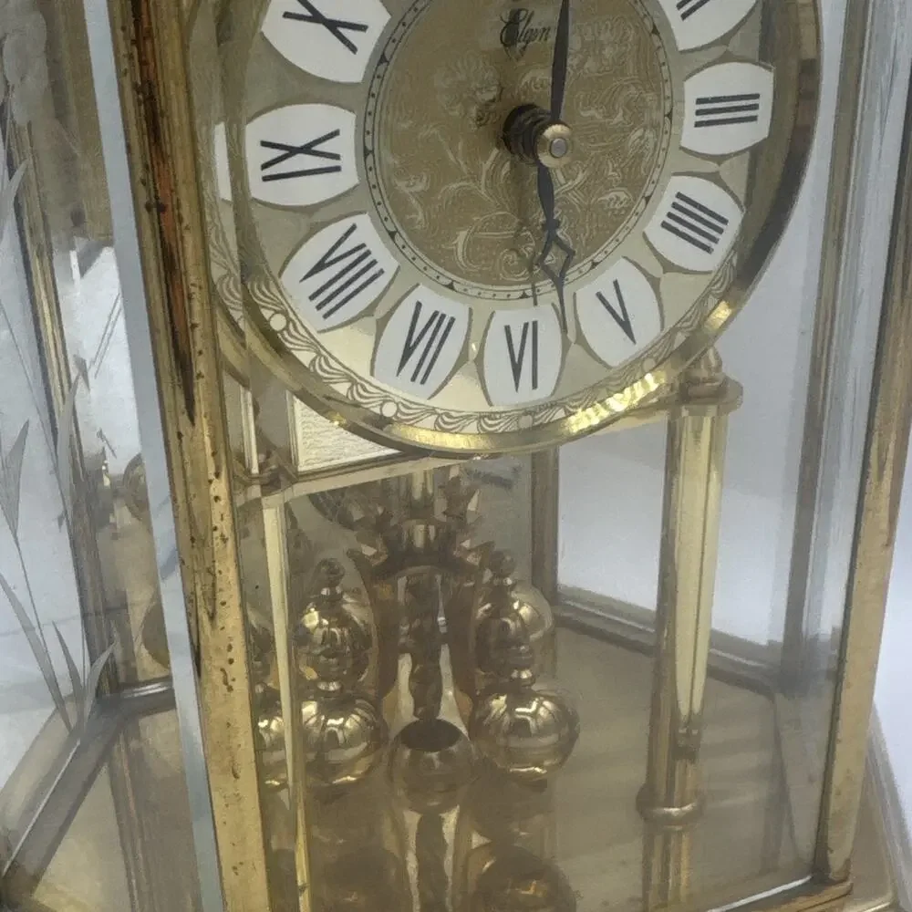 Gold Tone Anniversary Torsion Mantel Clock, Glass Dome, Roman Dial, Pendulum